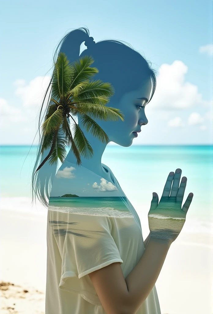 (double exposure), Transparent silhouette of a praying girl, look at the viewer, Beach and nature background exposed through the silhouette of a girl, Bright Themes, masterpiece, best quality, A refreshing shade of green, Fresh, clear sky, white cloud, vivid silhouette, Vivid three-dimensional texture, double exposure,