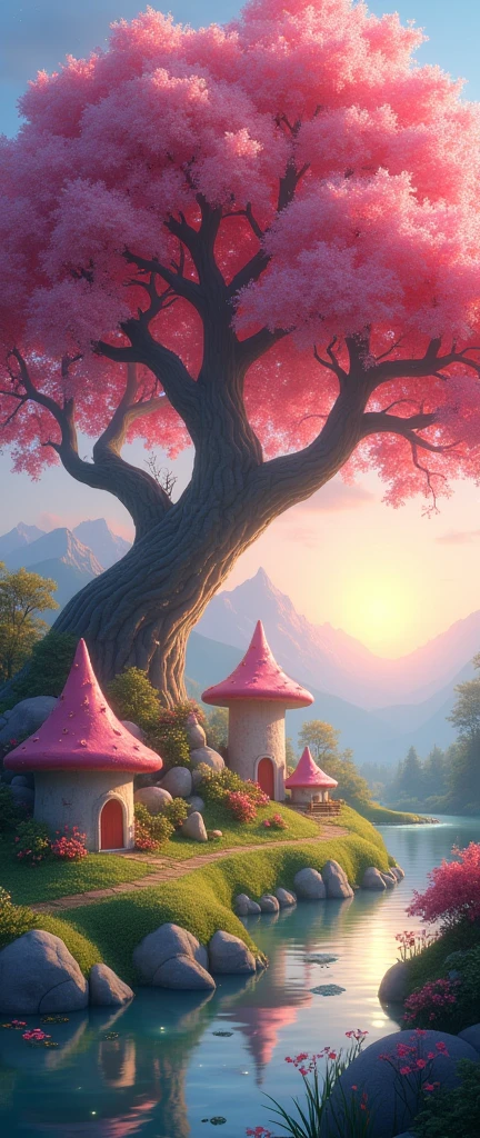 large cherry tree hanging over a pond and a meandering river where the mushroom-shaped stone huts and houses of the little people are located, fairies, gnomes, whips and elves, late sunset backlight, Fireflies flying subtly all made of crystals, gems and sparkles, fantasy art style, 8k resolution cartoon realism, misty dew atmosphere,