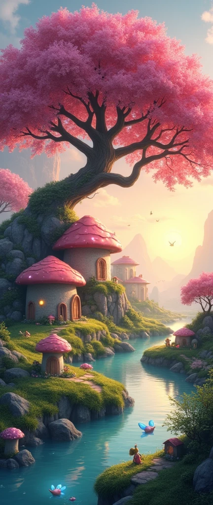 large cherry tree hanging over a pond and a meandering river where the mushroom-shaped stone huts and houses of the little people are located, fairies, gnomes, whips and elves, late sunset backlight, Fireflies flying subtly all made of crystals, gems and sparkles, fantasy art style, 8k resolution cartoon realism, misty dew atmosphere,