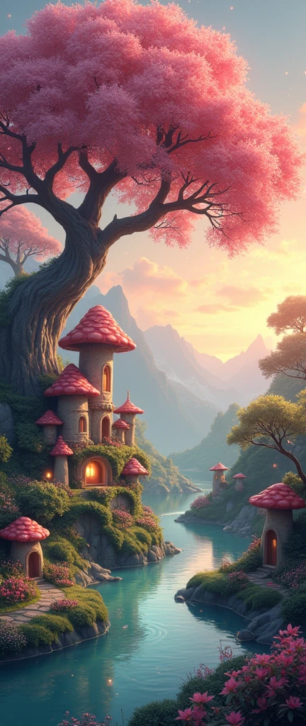 large cherry tree hanging over a pond and a meandering river where the mushroom-shaped stone huts and houses of the little people are located, fairies, gnomes, whips and elves, late sunset backlight, Fireflies flying subtly all made of crystals, gems and sparkles, fantasy art style, 8k resolution cartoon realism, misty dew atmosphere,