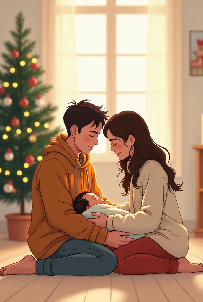 A couple celebrating Christmas together with the smelly  held by the mother They are sitting on the floor . They are at home and there is a Christmas tree on the side. Make it minimalist to be a drawing reference
