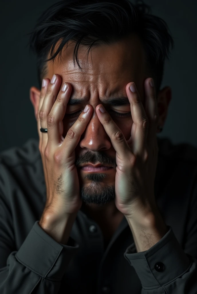 a man with hands on face, anguish, crying, detailed portrait, photorealistic, 8k, (best quality,4k,8k,highres,masterpiece:1.2),ultra-detailed,(realistic,photorealistic,photo-realistic:1.37),dramatic lighting, moody atmosphere, dramatic shadows, cinematic, emotional expression, pensive, melancholy, deep sadness, tear-stained face, hands covering face, close-up, highly detailed facial features, skin texture, wet tears, dramatic lighting, chiaroscuro