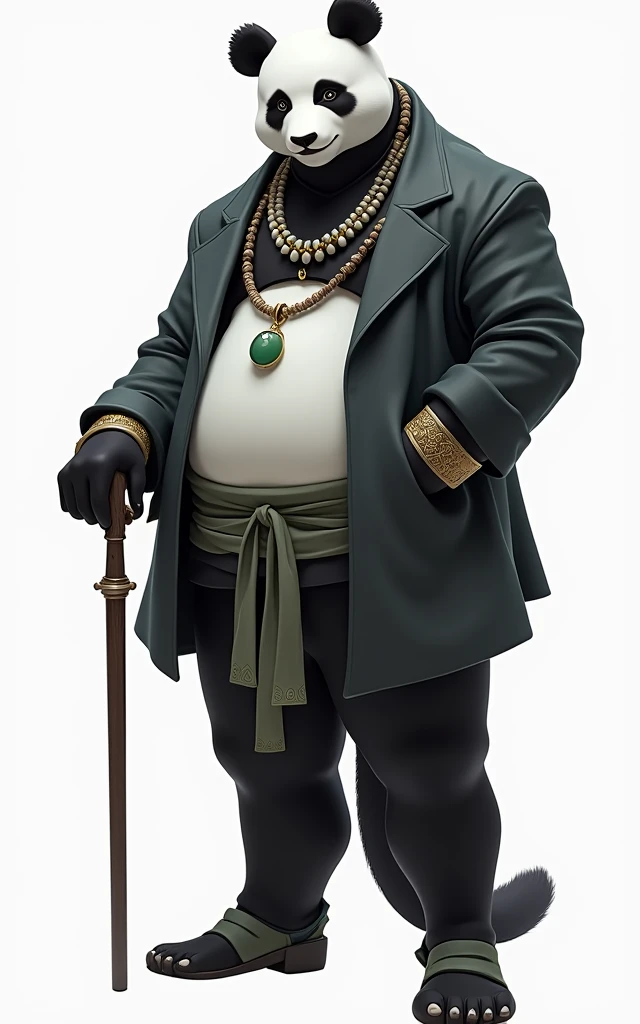 (masterpiece, top quality, best quality, official art,beautiful and aesthetic:1.2),(4k,8k, best quality,masterpiece:1.2),(((white background))), solo,Game character, the panda person, a game character inspired by pandas, wearing a black and white robe, adorned with a jade bead necklace and bracelet, viewed from multiple angles including back view and side view, holding a cane. The structure is clear and accurate, with a modern realistic representation and consistent lighting that looks natural and believable.