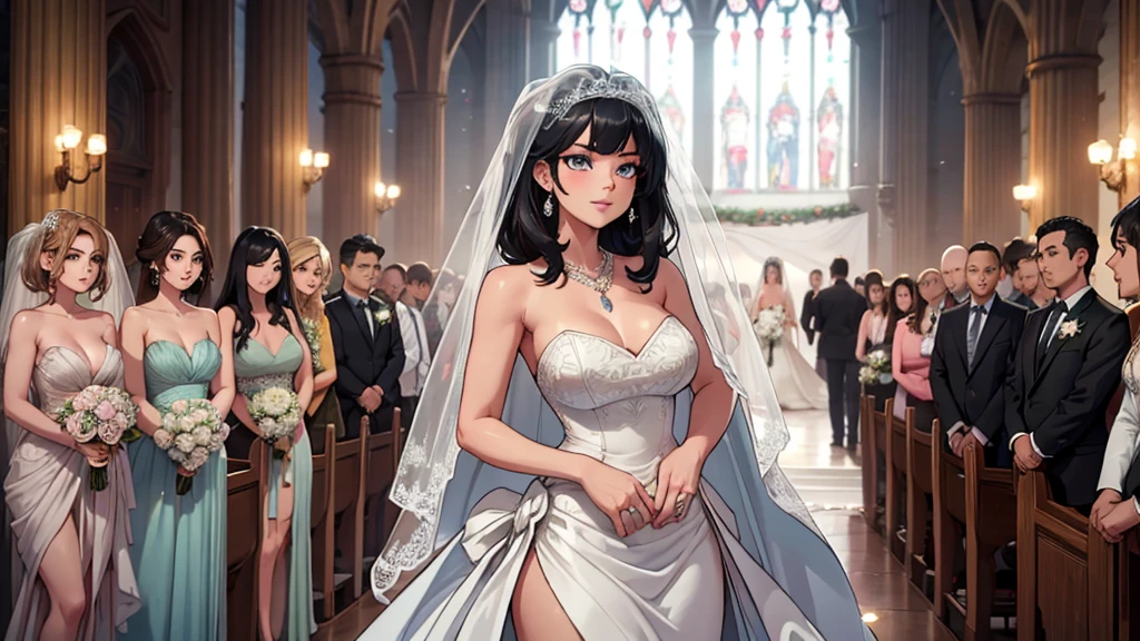 1_girl, solo, Pose: 1girl, masterpiece, highres, sonicedges_rias_gremory standing with one leg slightly bent at the knee, hands on her waist or one hand on her hip and the other hanging loosely.
Expression: Soft, confident smile with eyes looking into the camera.
Attire: Elegant ((wedding dress, bridal veil, wedding, bouquet))that complements the glamorous setting.
Hair: Styled to cascade over one shoulder, with light waves.
Makeup: Subtle yet elegant, with emphasis on the eyes and lips.
Background: A softly blurred wedding church.
Lighting: Warm, soft lighting that highlights the woman's features and adds a glow to her skin.
Accessories: Minimal, such as a pair of delicate earrings or a simple necklace.
Mood: Elegant, confident, and slightly mysterious.