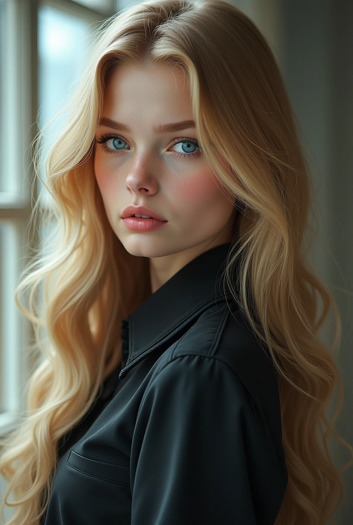 Create an image of a young girl named Apocalypse Mirovanov. She has pale skin and long golden hair that falls in soft waves to her waist.. His eyes are unique and captivating: one is deep lilac and the other is cyan blue. She has delicate features, like a well-defined jawline and full, pink lips. Her figure is slender, but conveys an underlying force. Apocalypse dresses practically, but elegant, reflecting its noble origins, without exaggerated ostentation.