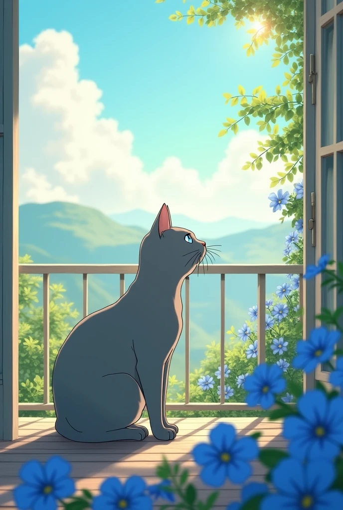 A Miyazaki-style anime image of a silver-gray American Shorthair cat on an open balcony, sniffing its favorite blue plumbago flowers on a sunny day. The scene is filled with warm sunlight, a gentle breeze, and a peaceful atmosphere, with soft colors capturing the serenity of nature.