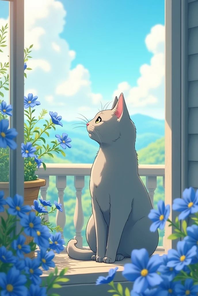 A Miyazaki-style anime image of a silver-gray American Shorthair cat on an open balcony, sniffing its favorite blue plumbago flowers on a sunny day. The scene is filled with warm sunlight, a gentle breeze, and a peaceful atmosphere, with soft colors capturing the serenity of nature.