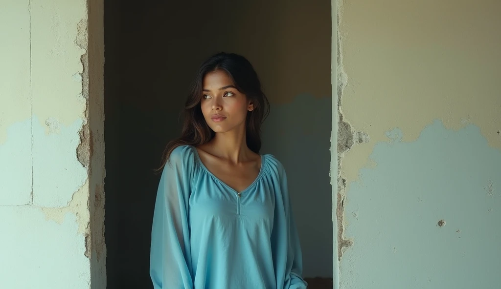 A 24 year old beautiful Indian girl named Shreyaa is hiding in an outer corner of an under construction building and is chilling loudly. She is wearing a sky blue frock. 