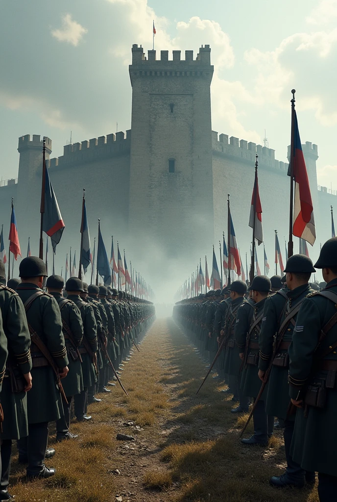 French and German soldiers face off on a battlefield, with the fortress of Verdun in the background.