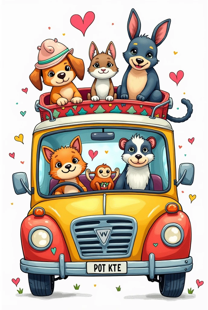 Drawing of Animals inside a car for children to color