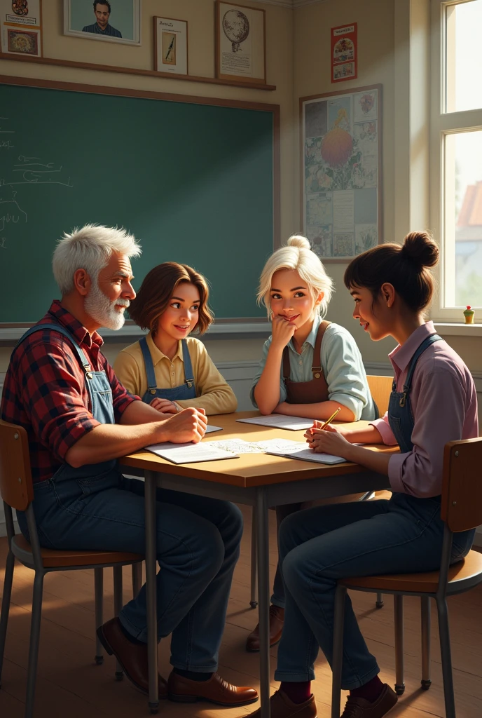 Create an image in which four people appear : a white blonde farmer , a white-haired brunette hairdresser , a brunette psychologist , an Asian tarot player . Tofos gathered in a classroom