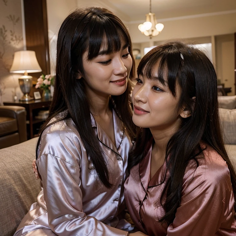 Asian Mother Smile kissing Asian Sister with Satin pajamas, long hair with bangs. living room.