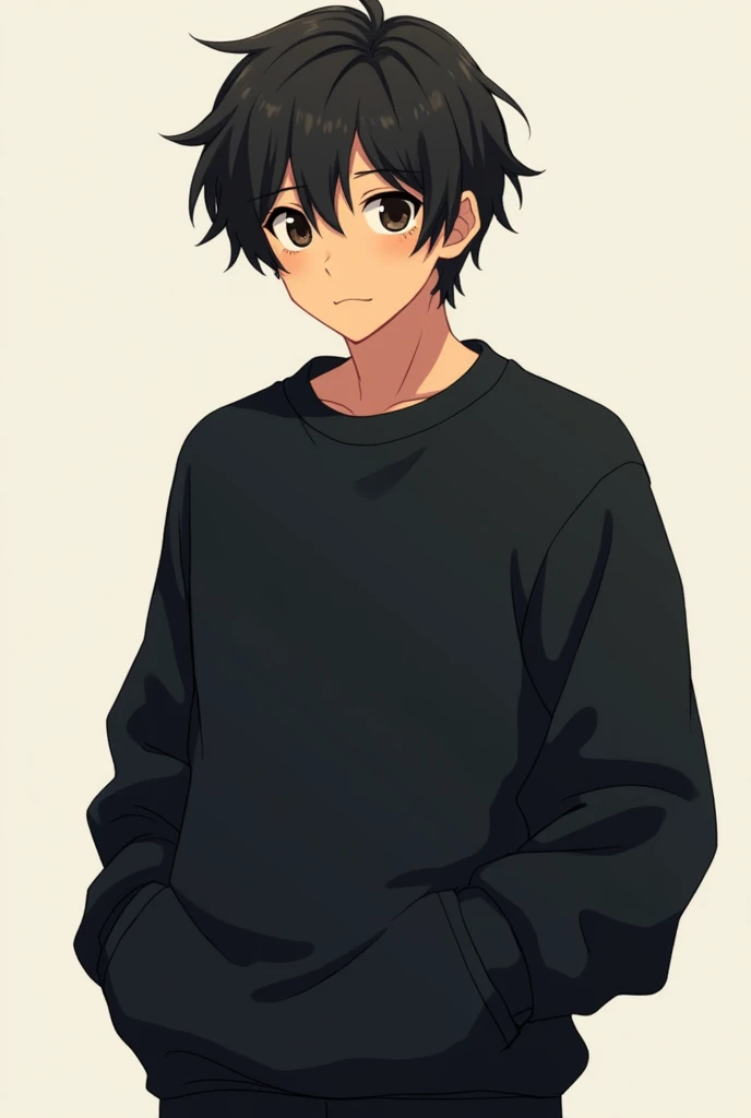 an anime version boy, medium curly hair almost shoulder length, darkskin, hand in pocket, black sweatshirt
