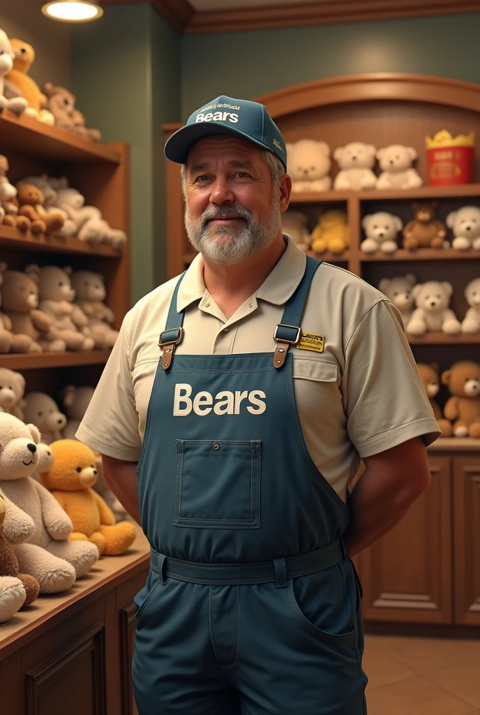 Create a realistic human male worker with a store logo outfit called "bears "a stuffed animal store