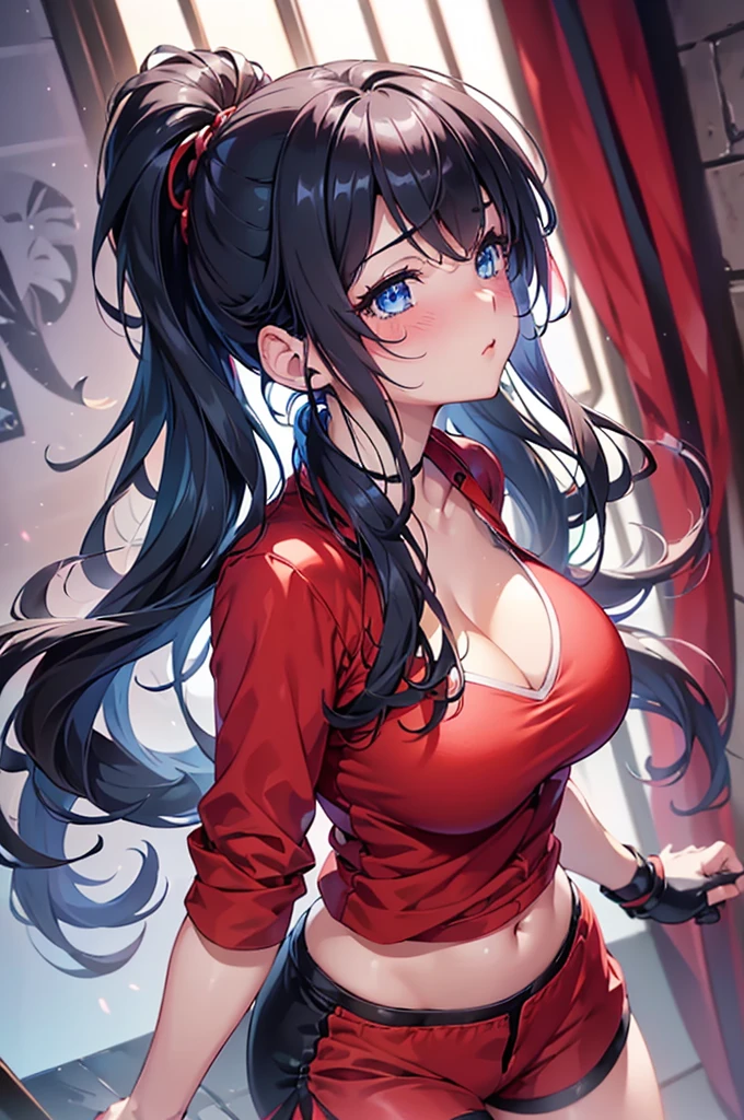 ((Tabletop, Highest quality, High resolution, Hmph, Pixel perfect, 4K, Hmph, Hmph))), One Girl, single, alone, Beauty、 ((ponytail, bangs, Black Hair)), ((Blue eyes, Beautiful eyelashes, Realistic eyes)), ((Detailed face, blush:1.2)), ((Smooth texture:0.75, Realistic texture:0.65, Realistic:1.1, Anime CG style)), Big Breasts, Perfect body, ((Red trainer、Shorts)),
