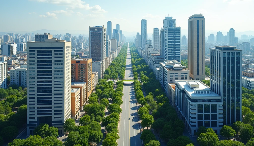 Description for the image:
vista: aerial sky Location: Main avenue of the city of Mollendo.
buildings: Dos filas de edificios residential, located on both sides of the avenue. There are 8 buildings on the left side and 8 on the right side..
Design of buildings: Each building has a different architectural design,
There are buildings on the avenue :
residential.
Offices with mirror.
Hotel.
Bank. etc.
Colors of the buildings on the left side:
buildings: 2,4, 7 in white and dark blue lines.
buildings: 1, 5, 3 and 8. White with dark orange lines.
building: 6 of White and black lines.
Colors of the buildings on the right side:
buildings: 1, 4, 8 of Blue and white.
buildings: 3, 6, of Beige and white.
buildings: 2, 5, 7 in White and light blue lines.
Height: Each building is approximately 100 meters high and has around 28 floors..
Green trees and path: Includes trees along the avenue and on the central path.