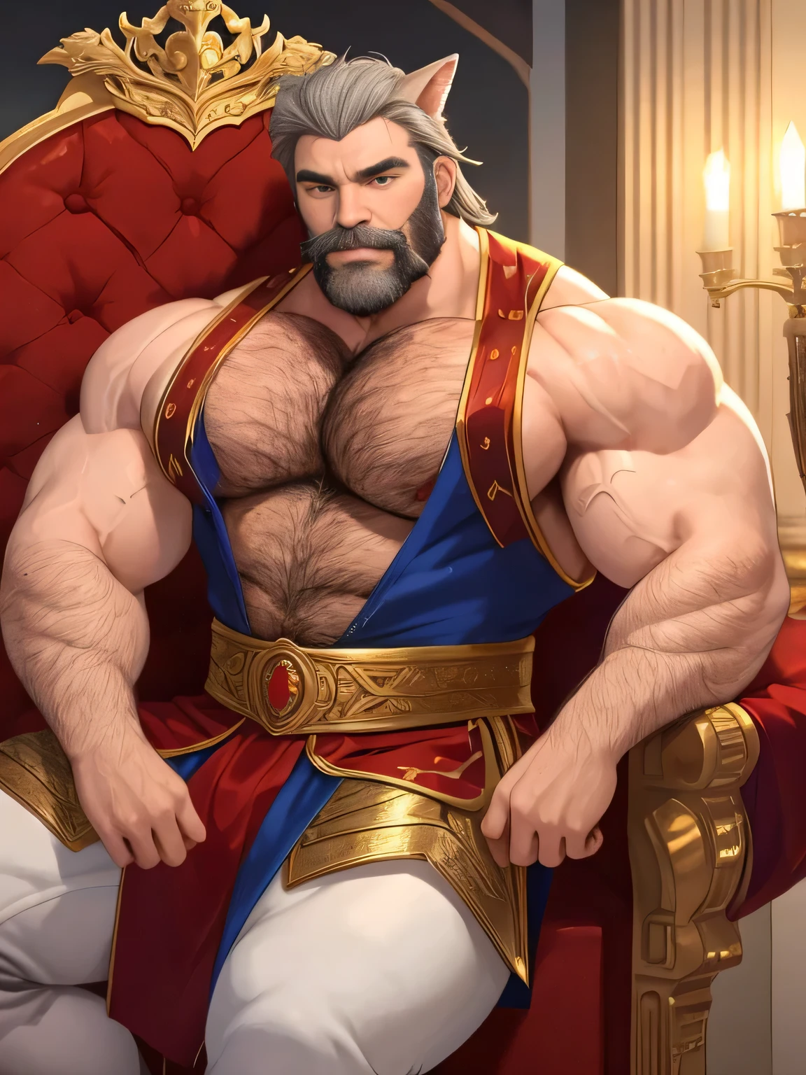 burly virile hairy man, with two wolf ears and a bushy tail, in a suit of armor, middle-aged, hirsute, overmuscular and musclebound, bulging veiny muscles, a warrior's build, a bodybuilder's physique, long bushy and a thick mustache, a square jaw, handsome and dreamy, grey hair, a king on his throne, in regal clothing