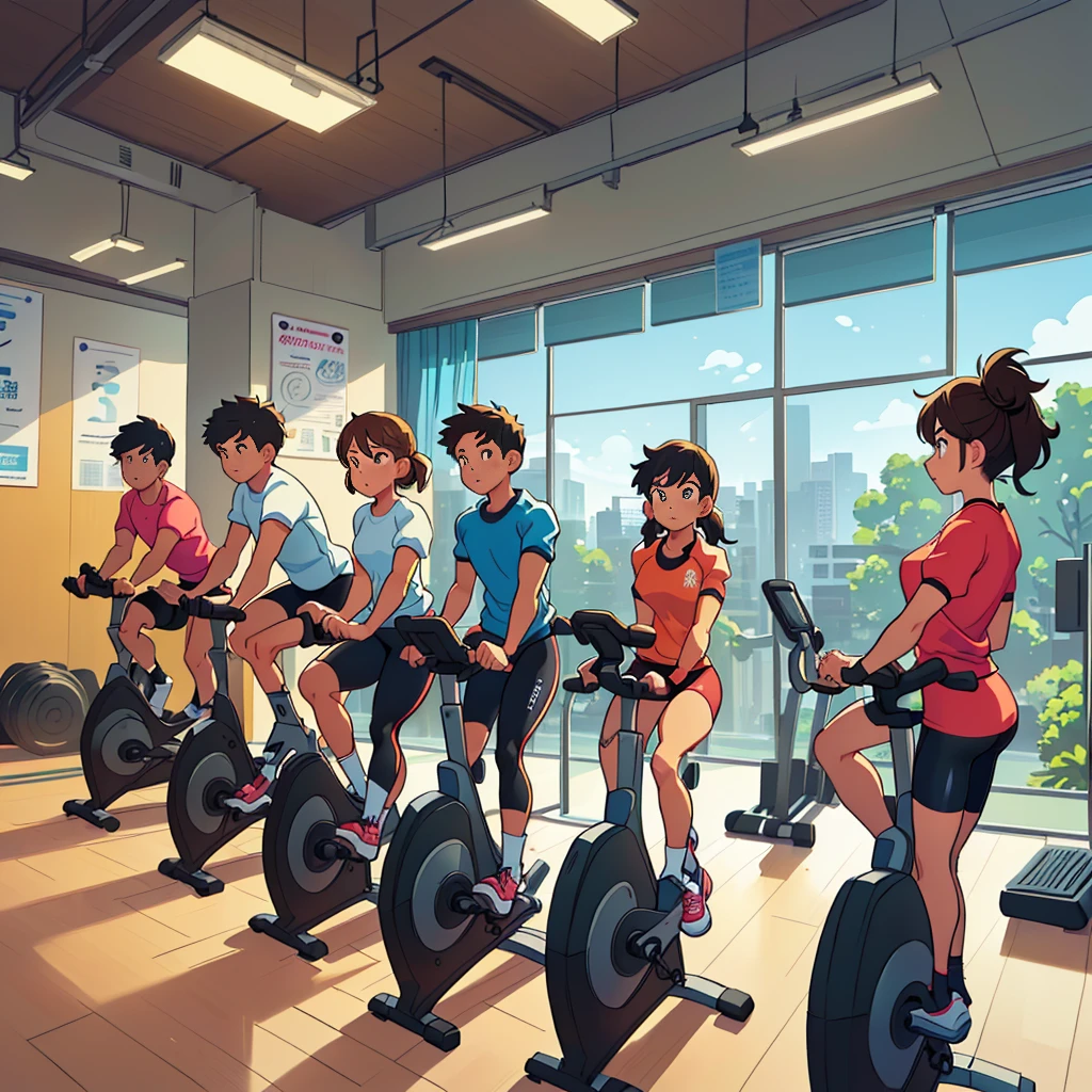 there are many people riding stationary bikes At the gym, At the gym, From yowamushi pickup, Business Illustration, The background is the gym, exercise, Digital Illustrations -, Headquarters Artwork, Spinning, cartoon style illustration, detailed 2d illustration, Cycling!!,
