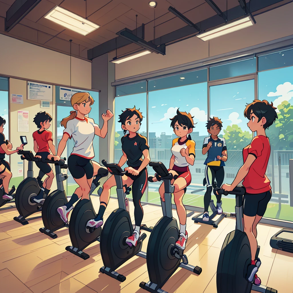 there are many people riding stationary bikes At the gym, At the gym, From yowamushi pickup, Business Illustration, The background is the gym, exercise, Digital Illustrations -, Headquarters Artwork, Spinning, cartoon style illustration, detailed 2d illustration, Cycling!!,