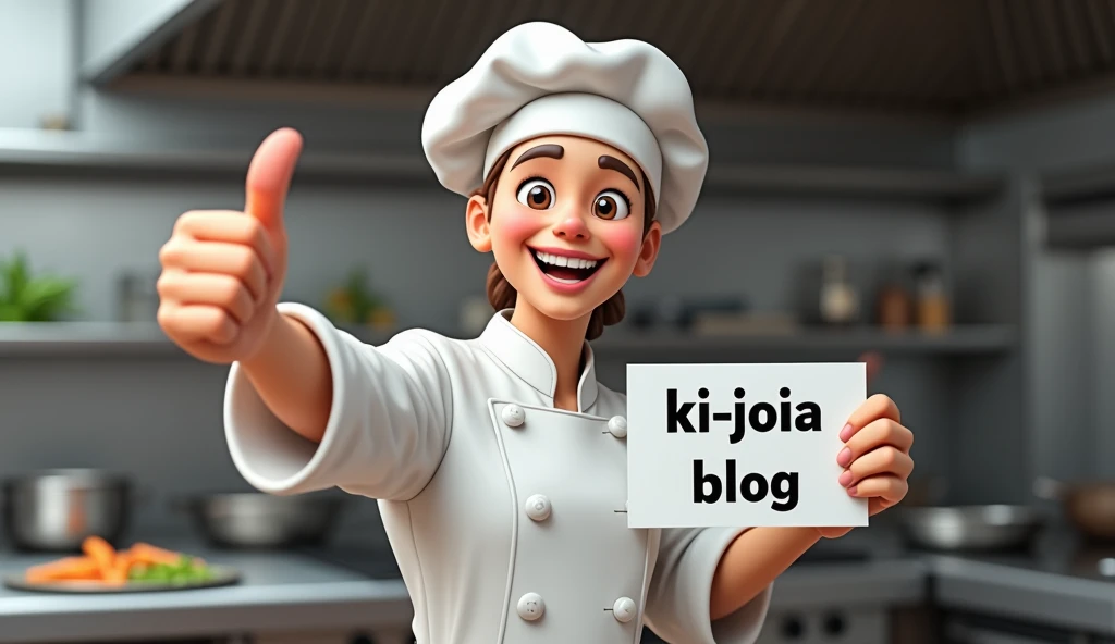 realistic image of a smiling chef making the thumbs up sign and holding a sign with the inscription "Ki-Joia Blog" In the other hand 