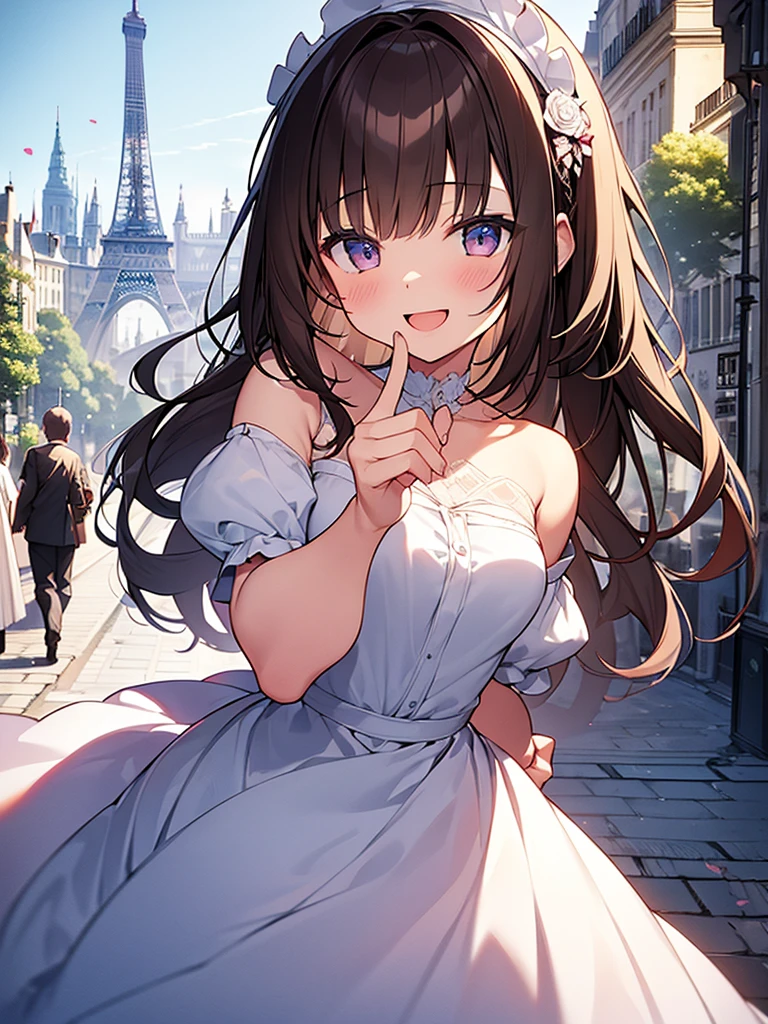 Girl in princess wedding dress、Singing with a wide open mouth、Brown Hair、Twin tails、smile、口を開けたsmile、Alice in Wonderland、pussy juice stain panties、Highly detailed fingers、One Girl、White Rose、Streets of Paris、Accurate and detailed fingering
