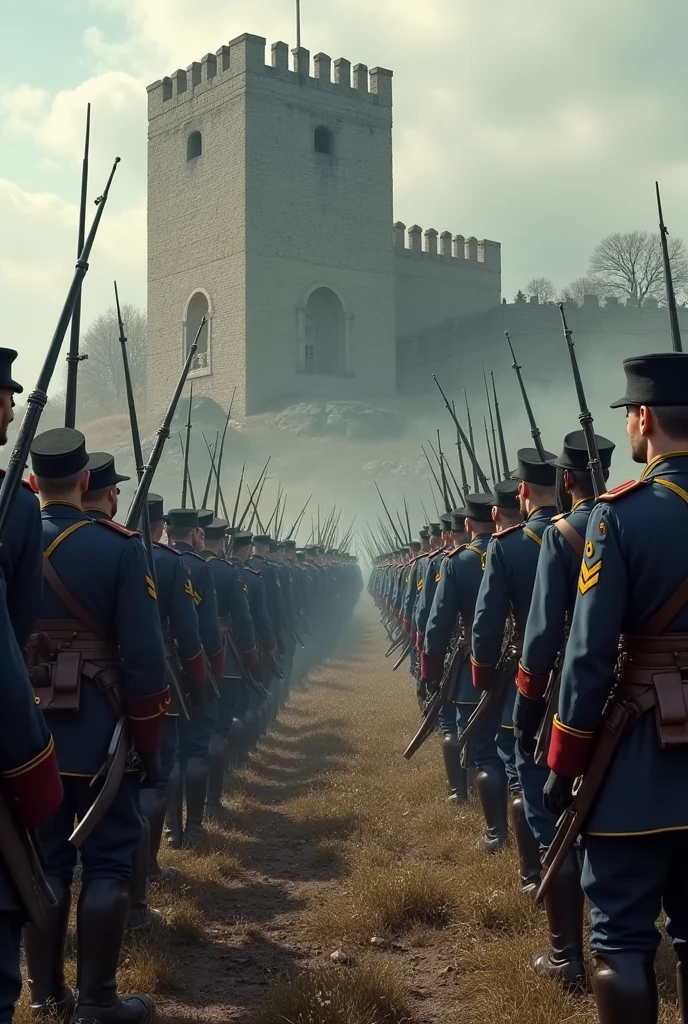 French and German soldiers face off on a battlefield, with the fortress of Verdun in the background.