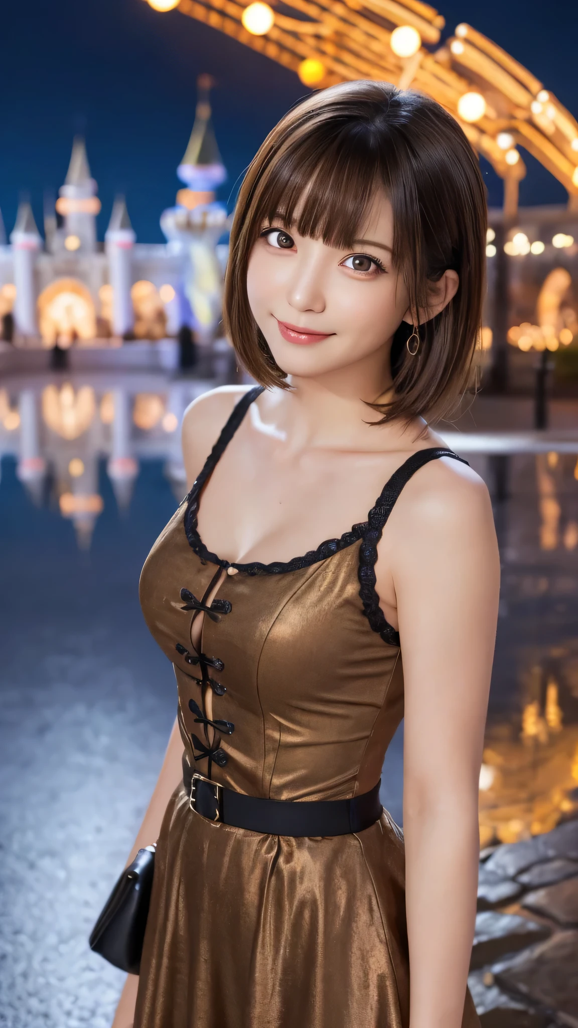 one person's, (Beautiful girl, Delicate:1.3), (:1.3),
break, (one piece:1.2), Long skirt,
break, (Night Theme Park, illumination:1.2),
break, Very beautiful eyes, (Symmetrical eyes:1.3),
break, Small breasts, Brown eyes, Parted bangs, Brown Hair, (Upper teeth, The best smile:0.2),
break, (Eye and facial details:1.0),
break, (masterpiece, Highest quality, Super detailed, Detailed face, 8k)