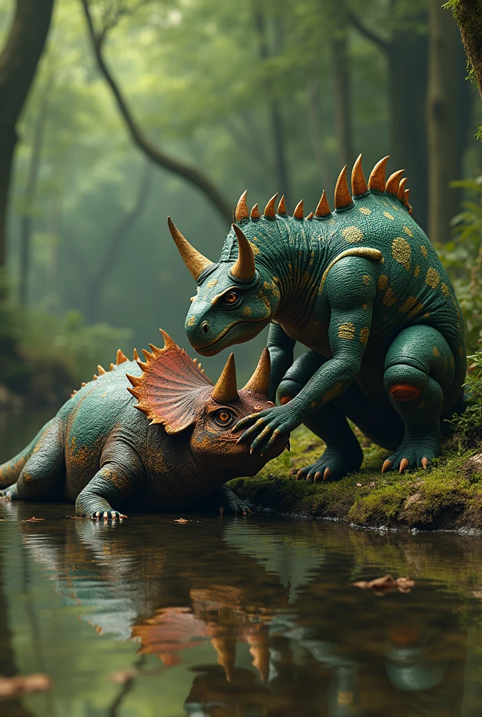Dark green scaled tribal reptilian, lovingly cares for a colorful triceratops dinosaur, that is lying on the edge of a river in the forest.
He would caress his broken horn