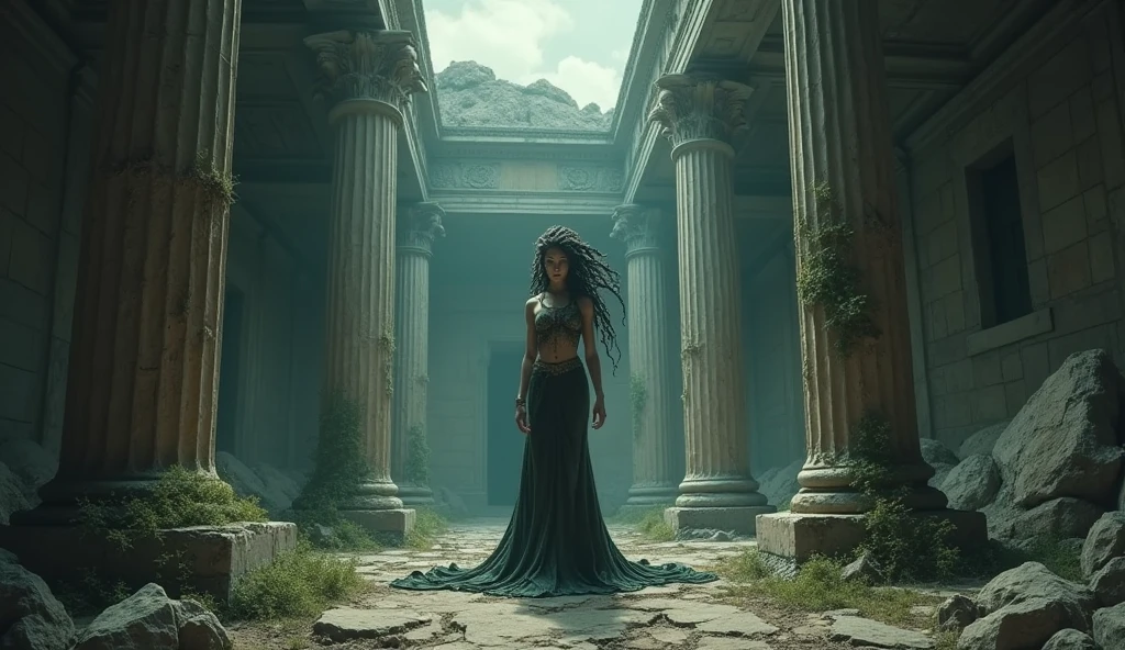 hyperrealistic image of abandoned mythological Medusa, alone in some ruins, dark environment, very little light,