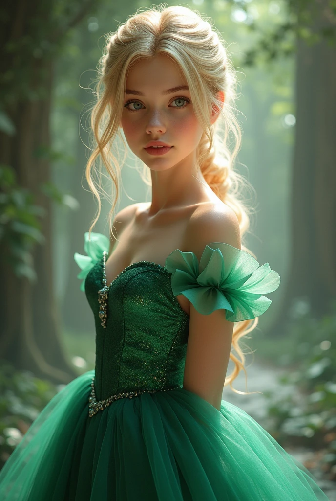 15 year old blonde girl with blue eyes in a green princess dress her hair is in a bun she is looking at the viewer
