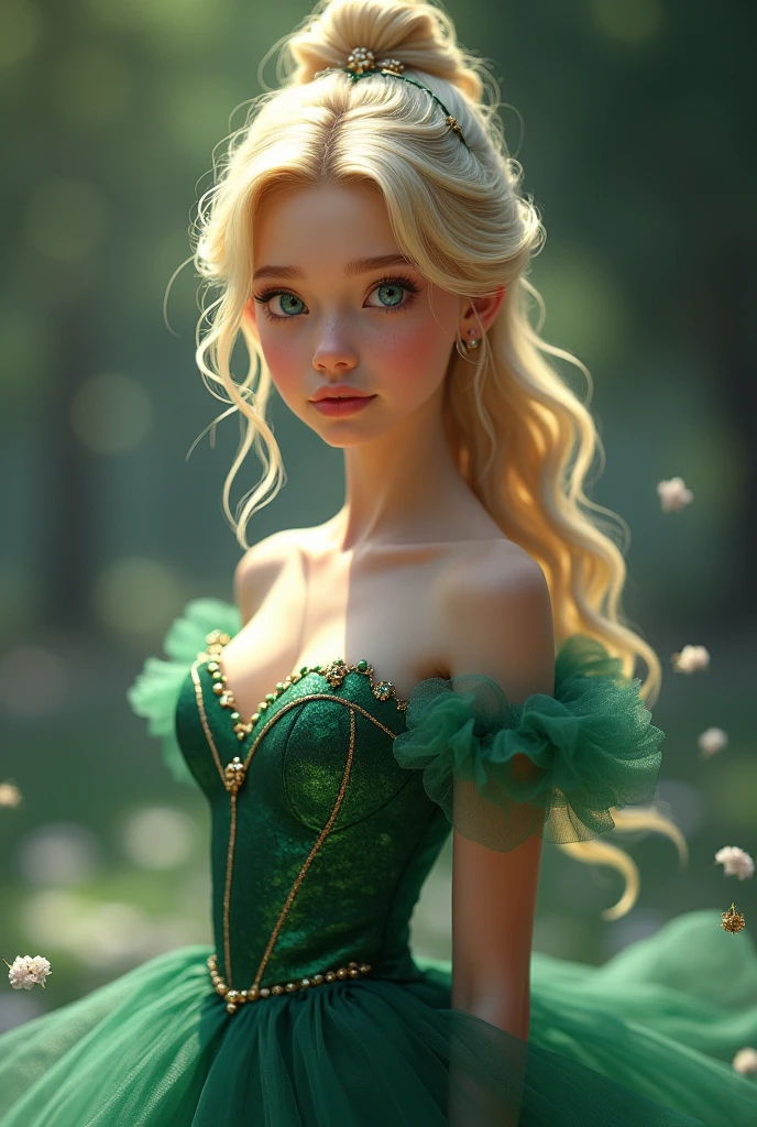 blonde girl with blue eyes in a green princess dress her hair is in a bun she is looking at the viewer