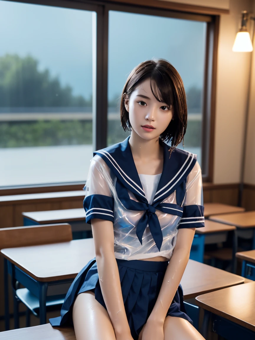 masterpiece:1.2, Very detailed, Ultra-high resolution, Realistic, photo Realistic:1.6, High-resolution RAW color photos, Professional photos, Sharp focus:1.2, Very detailed顔と肌の質感, Very beautiful eyes, Glossのある肌, Glowing Skin, Glowing Skin, Shining Face, Gloss, Oily skin, greasy face, Oily skin, greasy face,, real Glossのある肌 texture, Perfect Anatomy, Very detailed背景,(High school classroom at night),1 female,25-year-old woman, Japanese women,height: 168cm,short hair, Straight hair, bangs, Brown Hair,((Flat Chest:1.6)),Slender legs, (See-through white short-sleeved sailor suit、Navy blue pleated exy T-panties under skirt:1.6),((A wet and very transparent sailor uniform:1.7)),Earrings,(Sit on a desk)