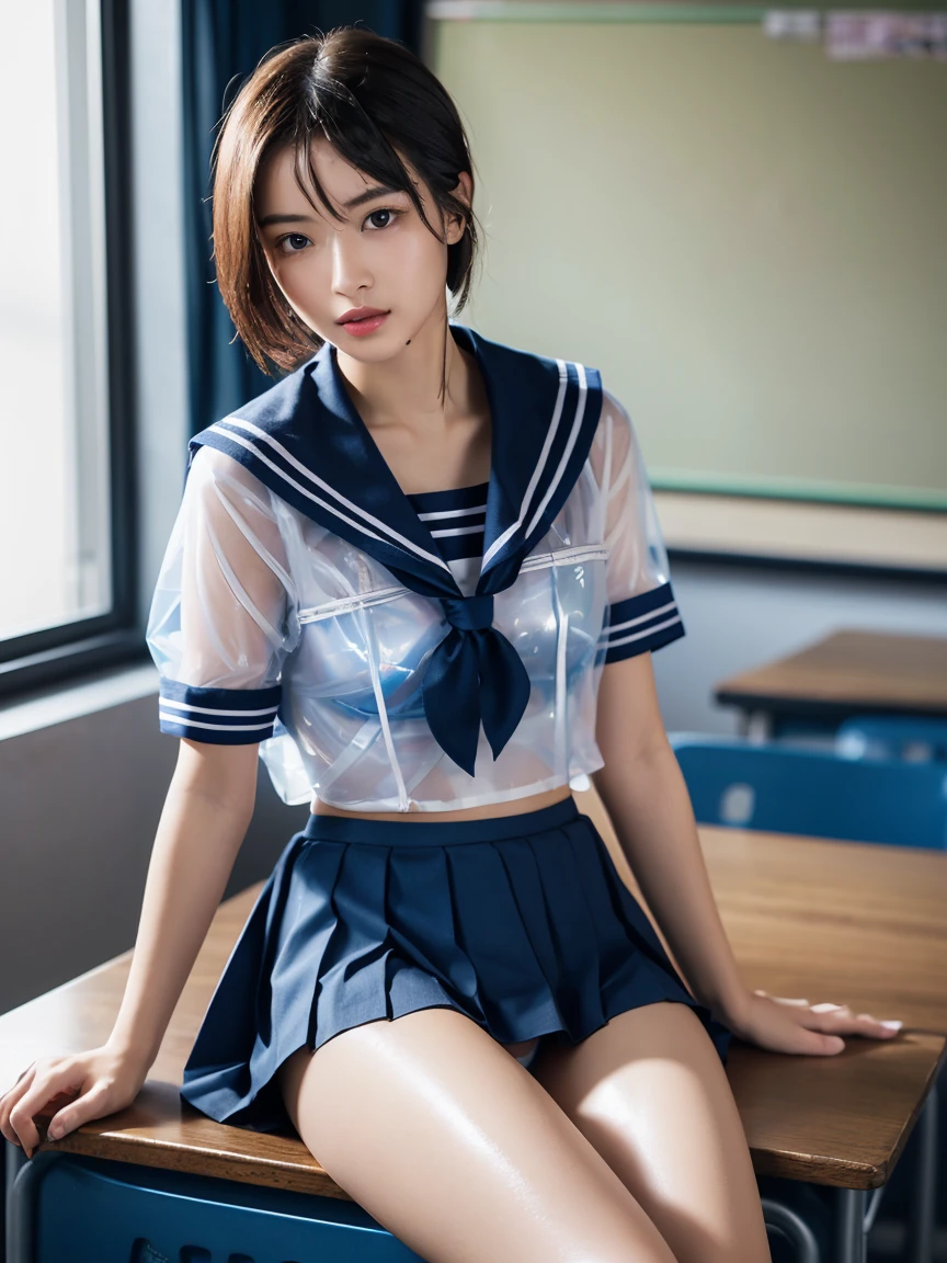 masterpiece:1.2, Very detailed, Ultra-high resolution, Realistic, photo Realistic:1.6, High-resolution RAW color photos, Professional photos, Sharp focus:1.2, Very detailed顔と肌の質感, Very beautiful eyes, Glossのある肌, Glowing Skin, Glowing Skin, Shining Face, Gloss, Oily skin, greasy face, Oily skin, greasy face,, real Glossのある肌 texture, Perfect Anatomy, Very detailed背景,(High school classroom at night),1 female,25-year-old woman, Japanese women,height: 168cm,short hair, Straight hair, bangs, Brown Hair,((Flat Chest:1.6)),Slender legs, (See-through white short-sleeved sailor suit、Navy blue pleated exy T-panties under skirt:1.6),((A wet and very transparent sailor uniform:1.7)),Earrings,(Sit on a desk)