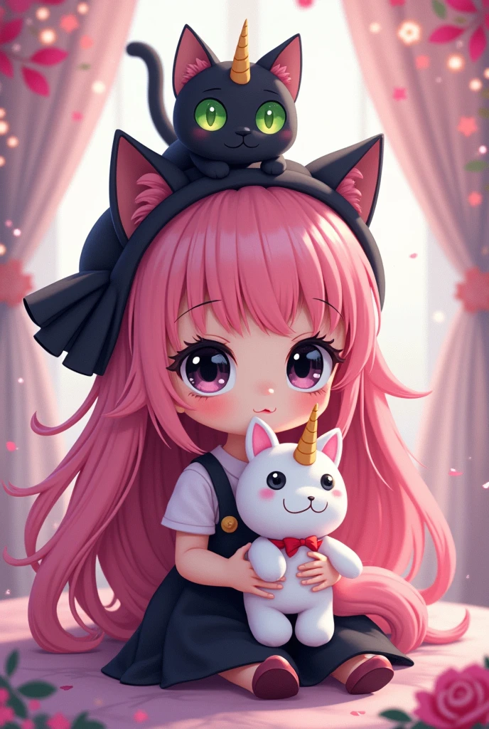 Girl with long pink and black hair and black eyes and a black cat on her head with green eyes and a unicorn stuffed animal in her hand, sitting, chibi anime style

