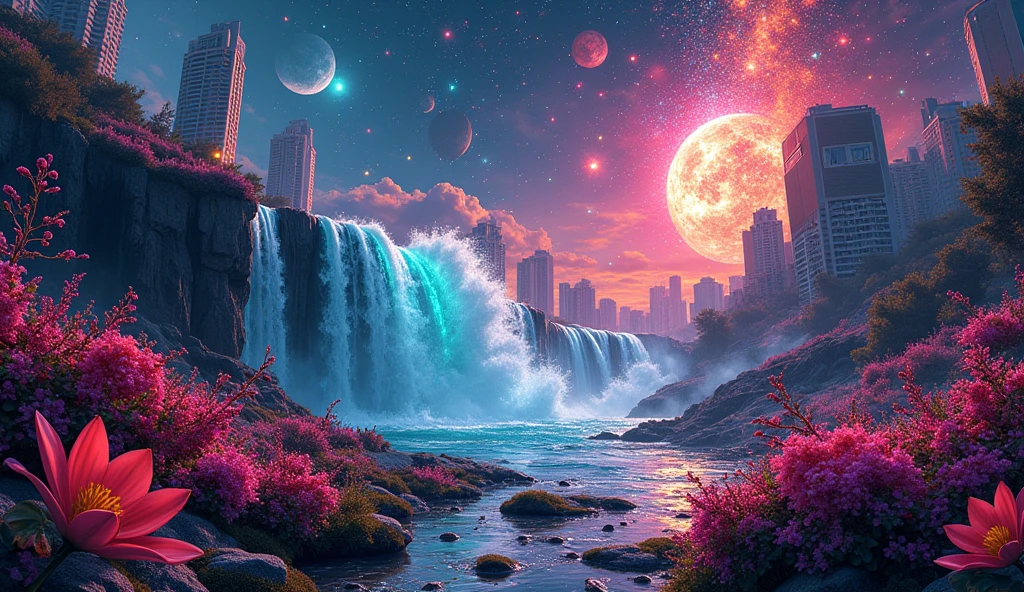 An explosion of visual chaos in a surreal setting: a night sky pulsating with bright neon colors, where stars disintegrate into fragments of light. In the background, a distorted city with buildings that bend and twist into impossible shapes, while melted clocks spread like ink stains. and a tsunami explosion, and broken clocks and mirrors float in the air. In the foreground, a flower garden with glass petals reflecting chaotic geometric patterns and a waterfall made of light. All in a frenetic mix of distorted realism and abstraction, creating an environment of pure disorder and chaotic beauty.