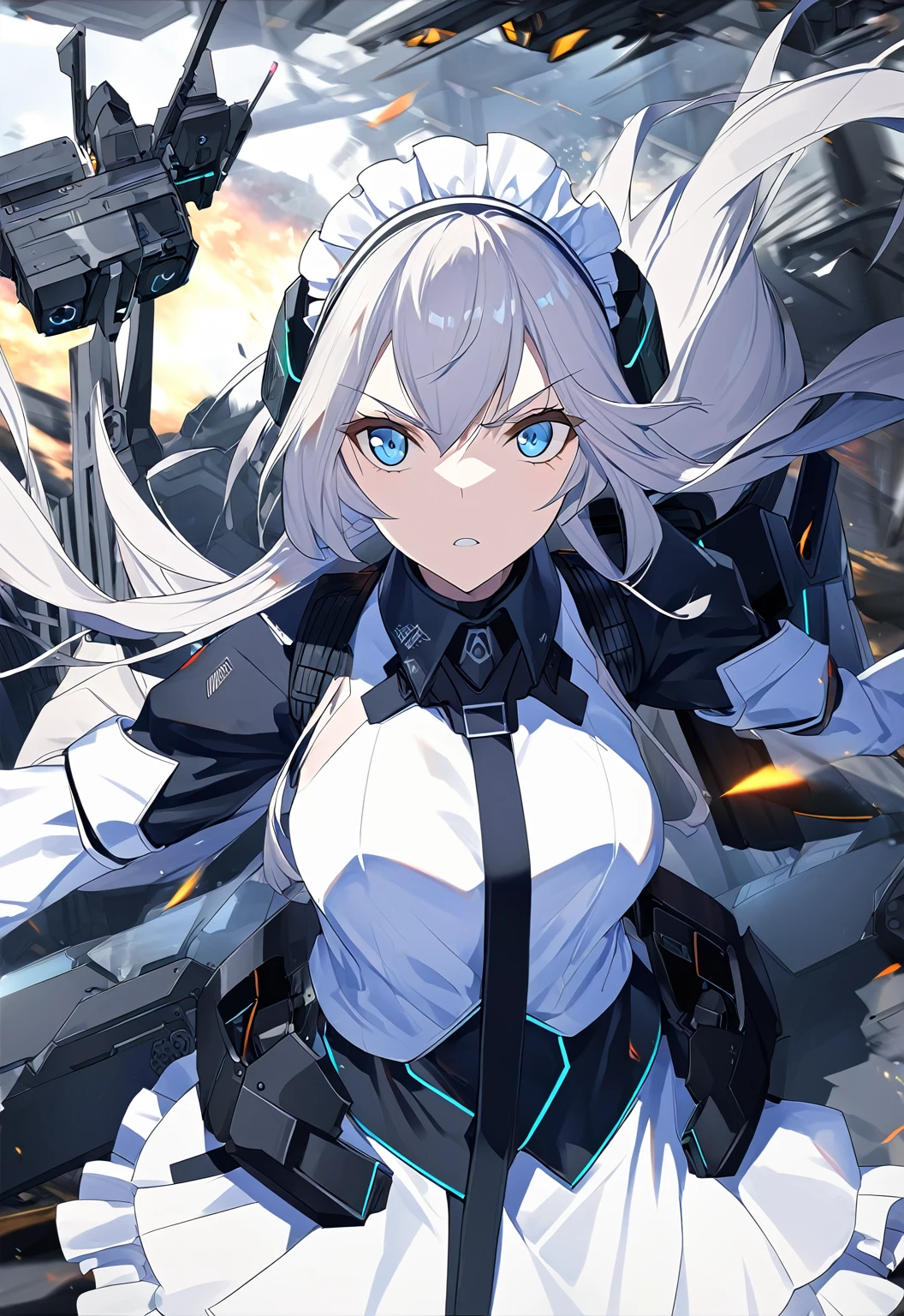 anime girl with a sword and a dress, from girls frontline, Kantai Collection Style, girls frontline style, anime maid ss military, Fine details. girls' frontline, girls frontline cg, Mechanized soldier girl, Female protagonist 👀 :8, girls' frontline, badass anime 8 K, M4 Sopmod II Girls Frontline,((dynamic angle)),((dynamic pose)),((upper body)),