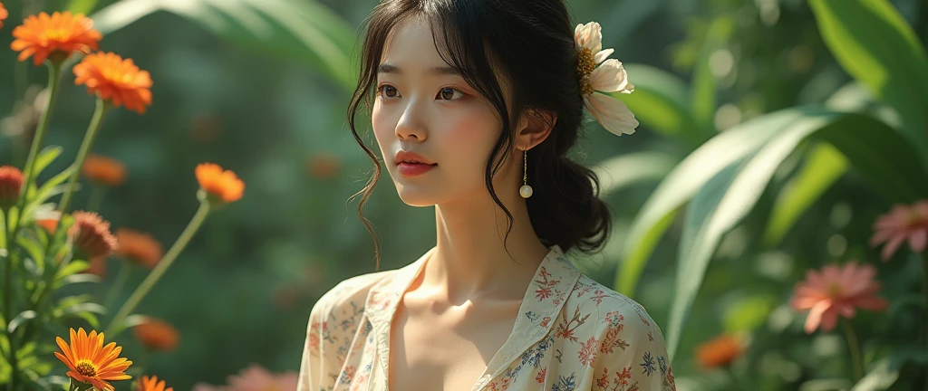 A Japanese woman in a lush tropical garden, wearing an open shirt with a floral print, with a close-up capturing the harmonious beauty between her breasts and the natural flowers, showing off your natural charm and outgoing personality.