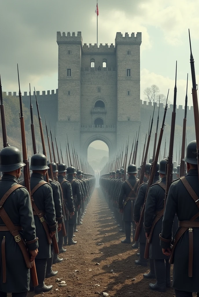 French and German soldiers face off on a battlefield, with the fortress of Verdun in the background.