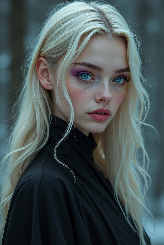 Create an image of a young girl named Apocalypse Mirovanov. She has pale skin and long golden hair that falls in soft waves to her waist.. His eyes are unique and captivating: one is deep lilac and the other is cyan blue. She has delicate features, like a well-defined jawline and full, pink lips. Her figure is slender, but conveys an underlying force. Apocalypse dresses practically, but elegant, reflecting its noble origins, without exaggerated ostentation. One eye is purple and the other is cyan.