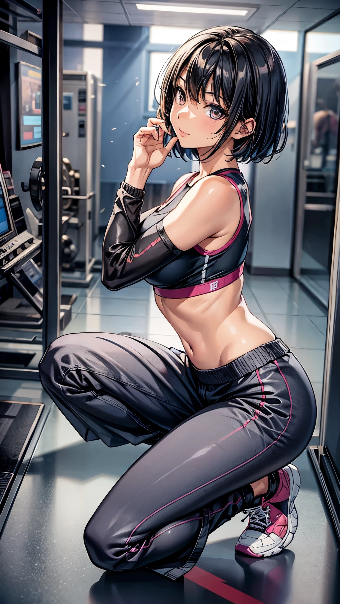 (From above2.0,from side),(full body),,Inside the sports gym,inside the dance studio,((sitting,extend her left leg)),One girl,sweat,(dark skin color),(dark skin color),(short black hair),seductive smile,(crop top),(loose fitting high weist baggy pants),(sneaker).