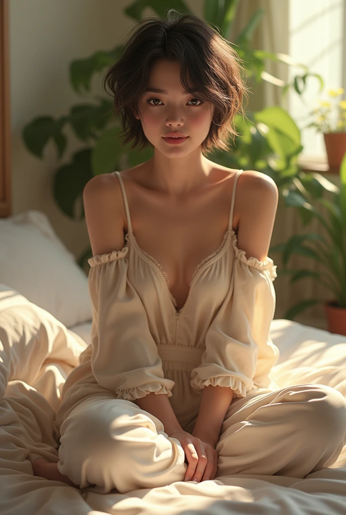 (photorealism:1.2), beautiful woman, sitting on bed, wearing loose off-shoulder top, pajama pants, short hair, indoors, soft lighting, plants in background, window with sunlight, cozy room, relaxed pose, realistic, intricate details, warm colors