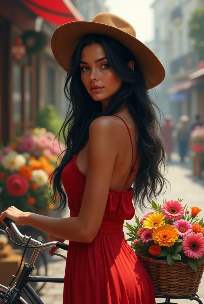 Whole body picture of a woman with a brown colored skin and a black hair wearing a red dress and a brown hat selling flowers on the side of the steets with her bike on her side. Realistic texture of the picture.