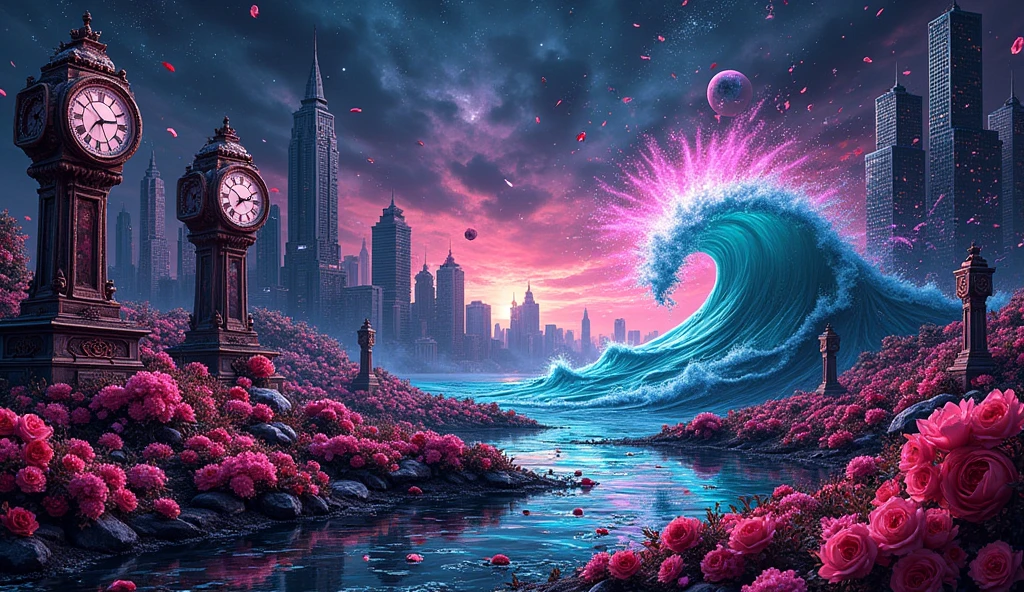 An explosion of visual chaos in a surreal setting: a night sky pulsating with bright neon colors, where stars disintegrate into fragments of light. In the background, a distorted city with buildings that bend and twist into impossible shapes, while melted clocks spread like ink stains. and a tsunami explosion, and broken clocks and mirrors float in the air. In the foreground, a flower garden with glass petals reflecting chaotic geometric patterns and a waterfall made of light. All in a frenetic mix of distorted realism and abstraction, creating an environment of pure disorder and chaotic beauty.