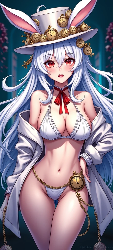 There is one cute girl with long white hair, red eyes, a white bunny girl outfit, and a big chest.VBunny girl outfit with a large opening. Reduce the amount of fabric in the outfit. Hide the belly button. Red ribbon around the neck. Small pocket watch on the right side of the waist. (Put a big white top hat on me) Put bunny ears on the top hat, put lots of small pocket watches on the side of the top hat, draw him facing forward from the waist up, and make the background blue.