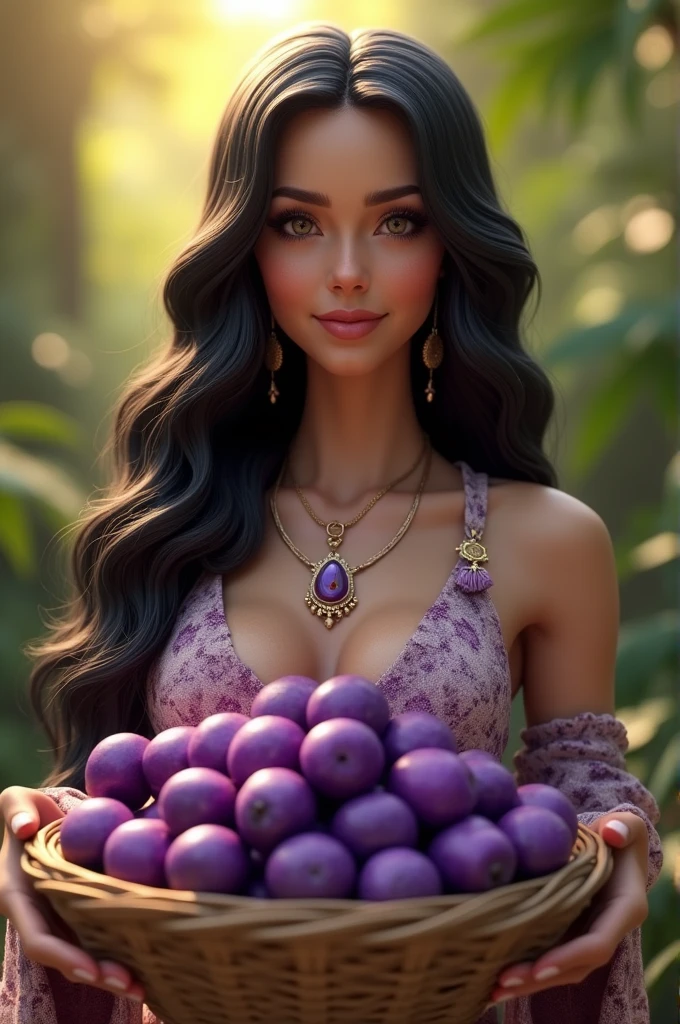 Draw a 3d woman character, long black hair selling acai 
