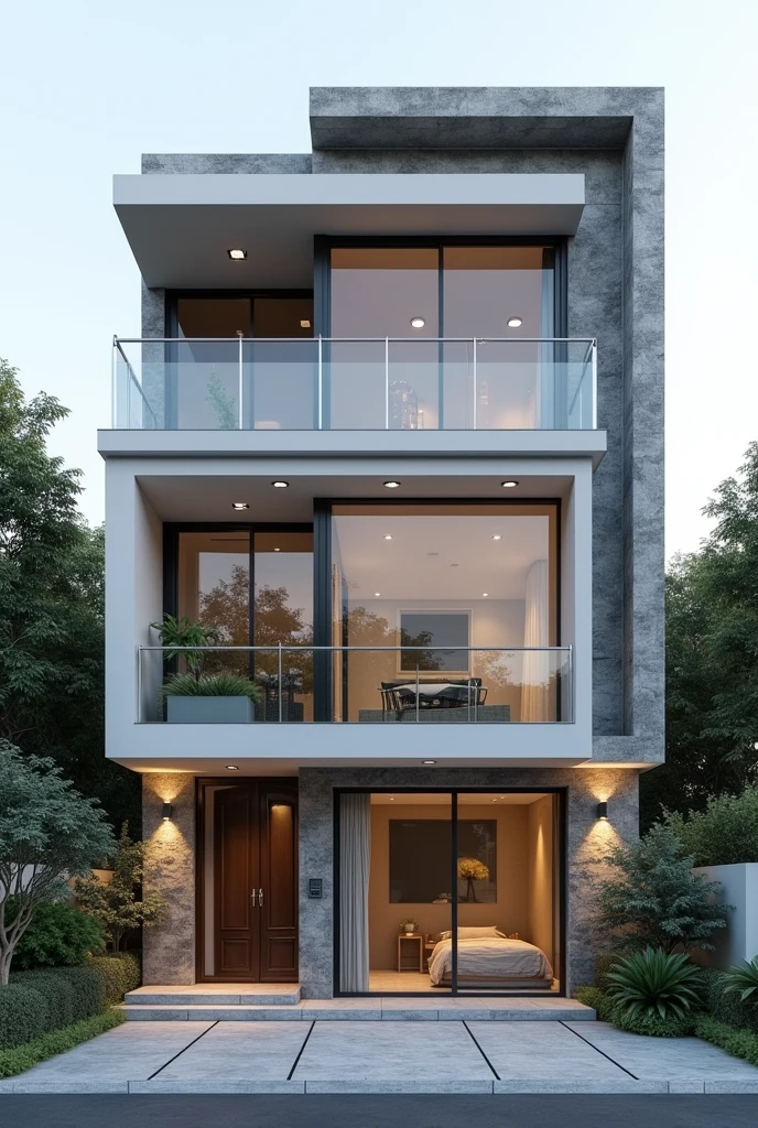 Help me create the facade that resembles the architectural plan design, which I would like to have a glassy minimalist style, for a residential elevation, with a distance of "11 meters wide and 7 meters high at its front", which includes in its facade, stones and monochromatic colors, which on its facade includes the windows, Doors, Columns, balcony Architectural plan: