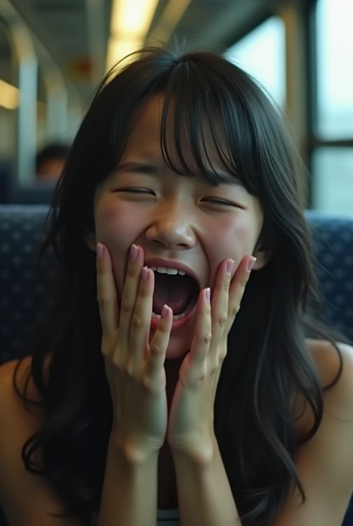 Japanese girl being raped on a train, suffering but excited