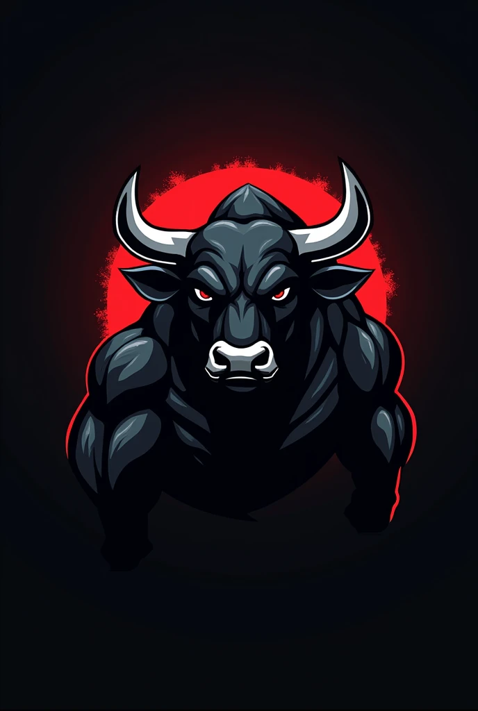 Design a powerful and dynamic logo featuring a strong, muscular bull as the central figure, symbolizing strength, power, and determination. The bull should have well-defined muscles, with a stance that conveys energy and dominance. Use sharp, angular lines to emphasize the bull's muscular build and add a sense of intensity. Incorporate bold, dark tones like black, deep red, or metallic gray to create a fierce and commanding presence. The logo should be visually impactful and brand-appropriate, with no text or letters included