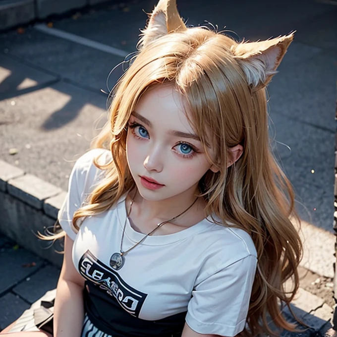 masterpiece, best quality, Langya, 1 Girl, Wolf ears, Wolf Tail, Lovely, Blushed, Looking at the audience, from above, Blonde wavy hair, mini skirt, White and black striped T-shirt, blue eyes, beautiful eyes, Beautiful background, Light Particles, Sun rays, Dramatic Lighting, external, shining, Practical, masterpiece, best quality, ultra-detailed, detailed, landscape, beautiful detailed eyes, detailed hair