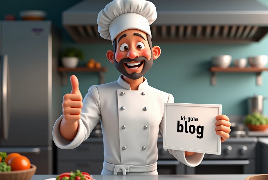 realistic image of a smiling chef making the thumbs up sign and holding a sign with the inscription "Ki-Joia Blog" In the other hand